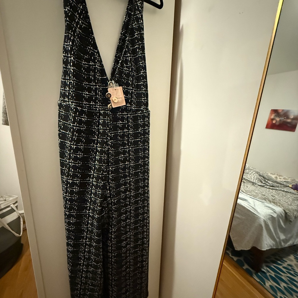 Plaid Tweed Crisscross Back Button Detail Jumpsuit